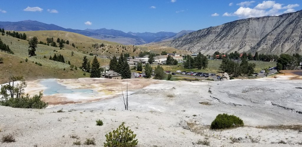 Yellowstone Mammoth Hot Springs and village below