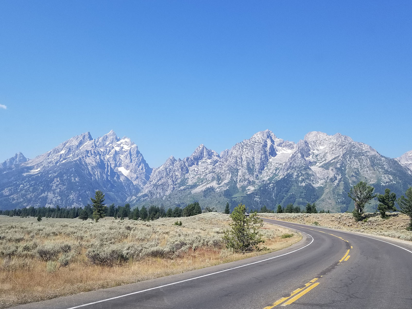 The jagged peaks of the Grand Tetons from the road