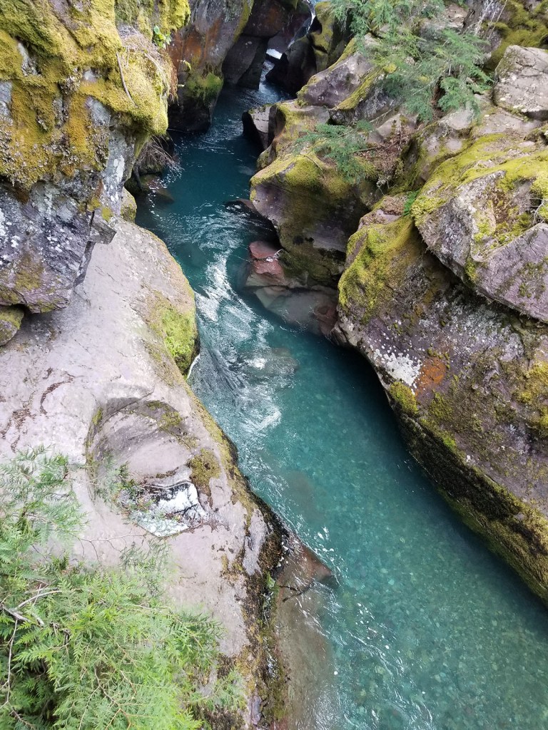 The clear blue water of the Avalanche Creek