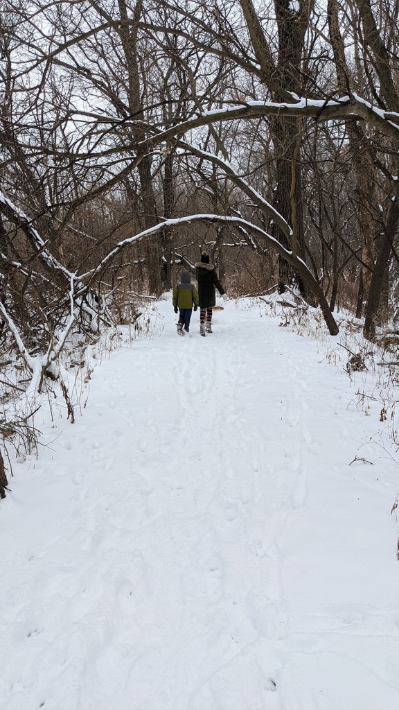 Kids walking along a wooded, snow-covered path