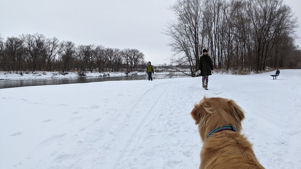A family hiking along the Cedar River