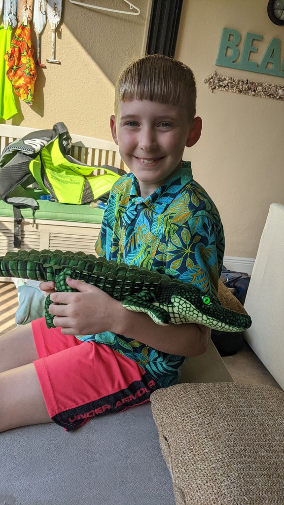 A boy holding a stuffed alligator
