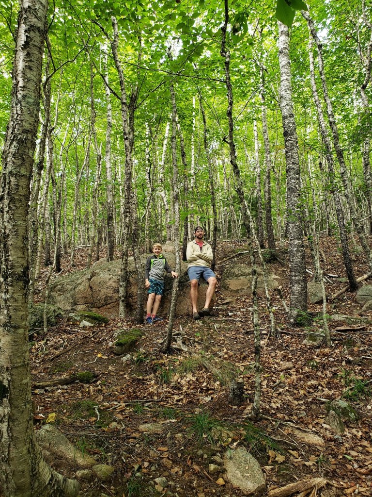 A son and father rest on a rock with hundreds of white birch trees around them