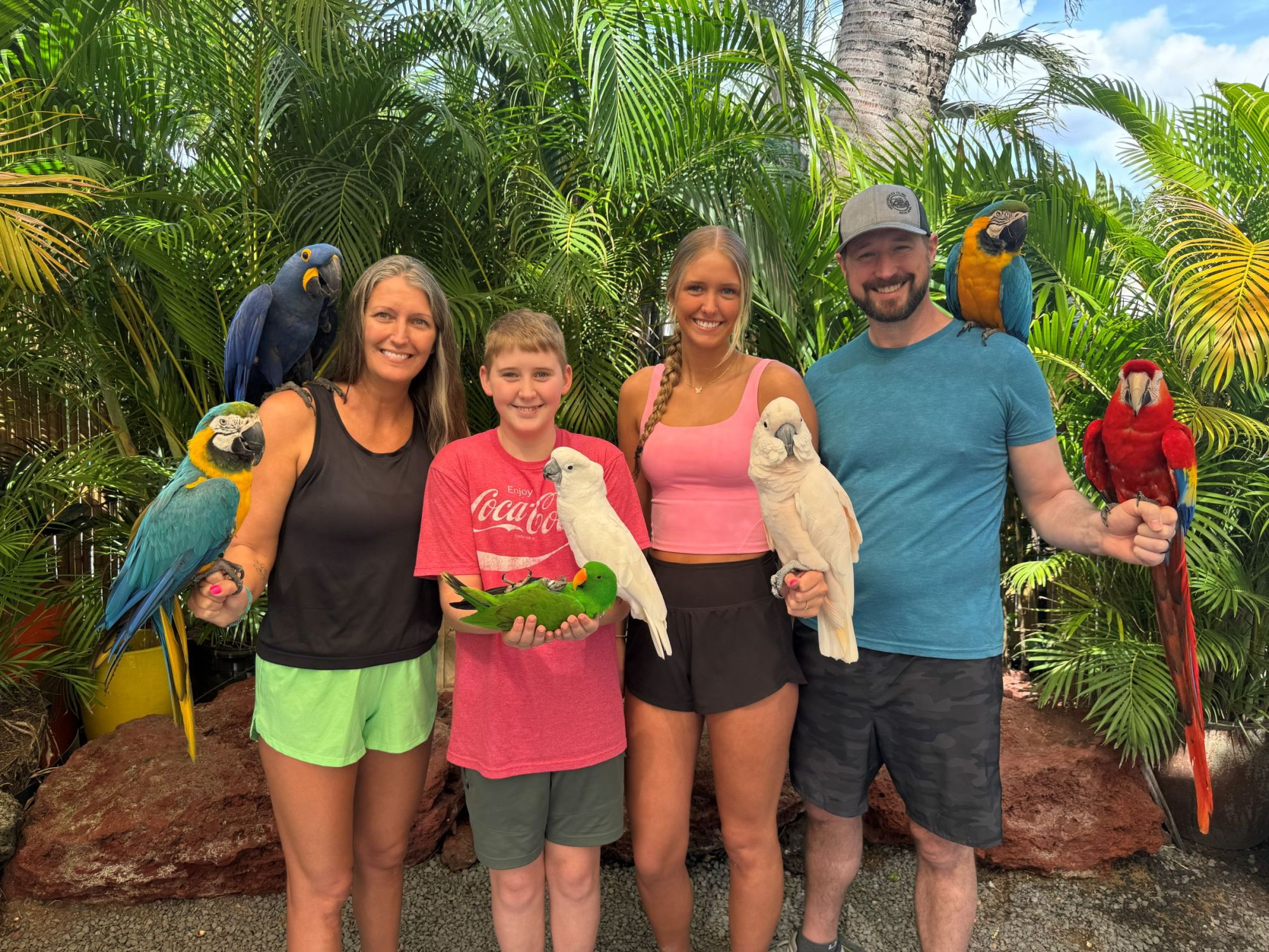 A family of four holds 8 colorful birds with a tropical backdrop