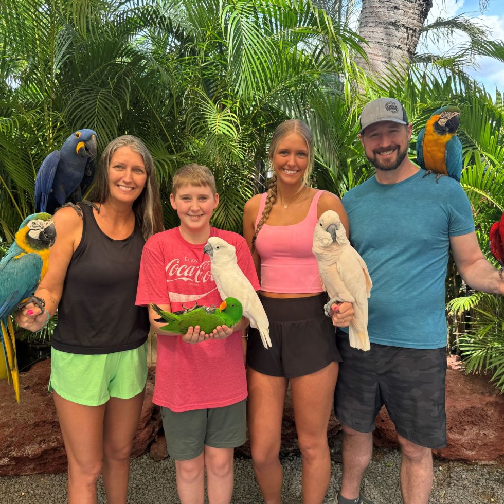 A family of four holds 8 colorful birds with a tropical backdrop