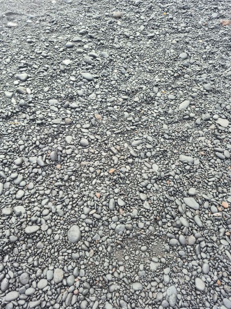 Thousands of little round black pebbles make up the black "sand" beach.